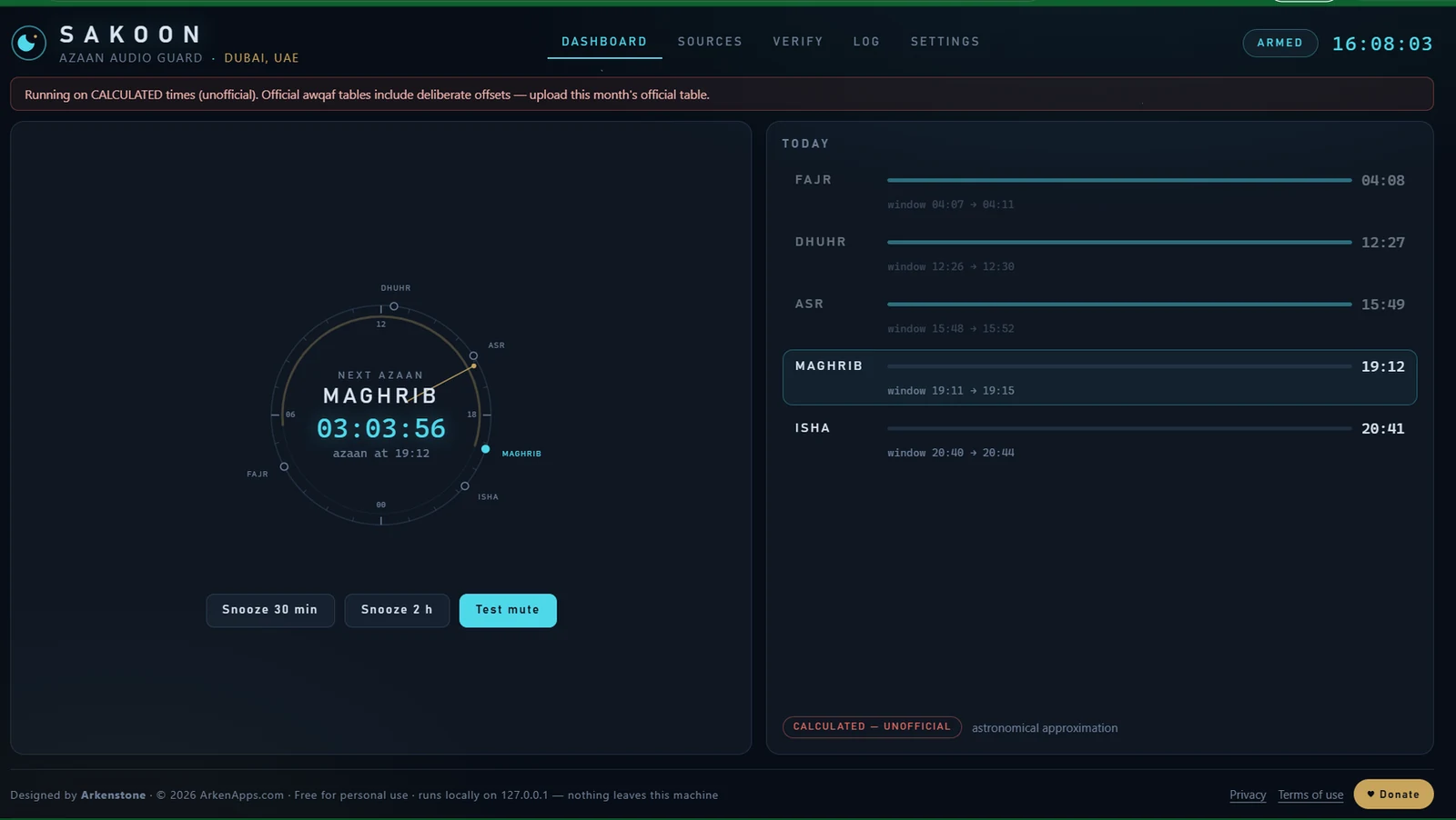 Sakoon dashboard showing the astrolabe dial and prayer schedule